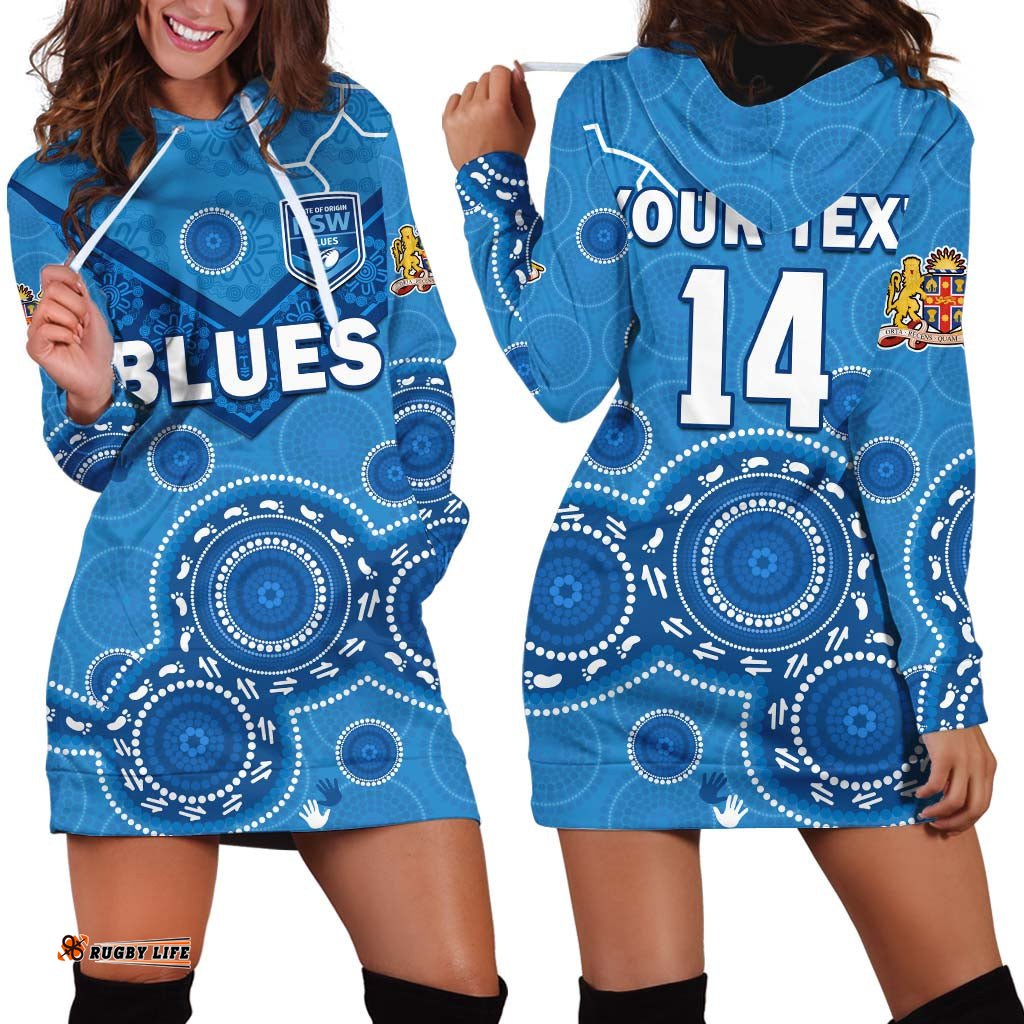 Custom Personalised NSW Blues Rugby Hoodie Dress New South Wales Aboriginal Dot Painting Unique Version