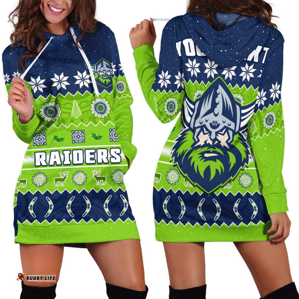 Custom Personalised Raiders Christmas Hoodie Dress The Green Machine Aboriginal Art Merry Xmas