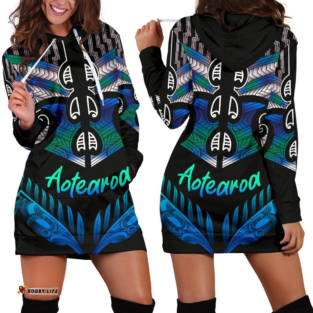 Aotearoa Women Hoodie Dress Silver Fern Tangaroa