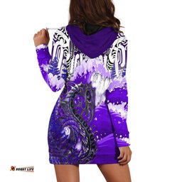 Custom Personalised Manaia Maori Hoodie Dress Fern Aotearoa Purple Waves
