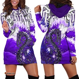 Custom Personalised Manaia Maori Hoodie Dress Fern Aotearoa Purple Waves