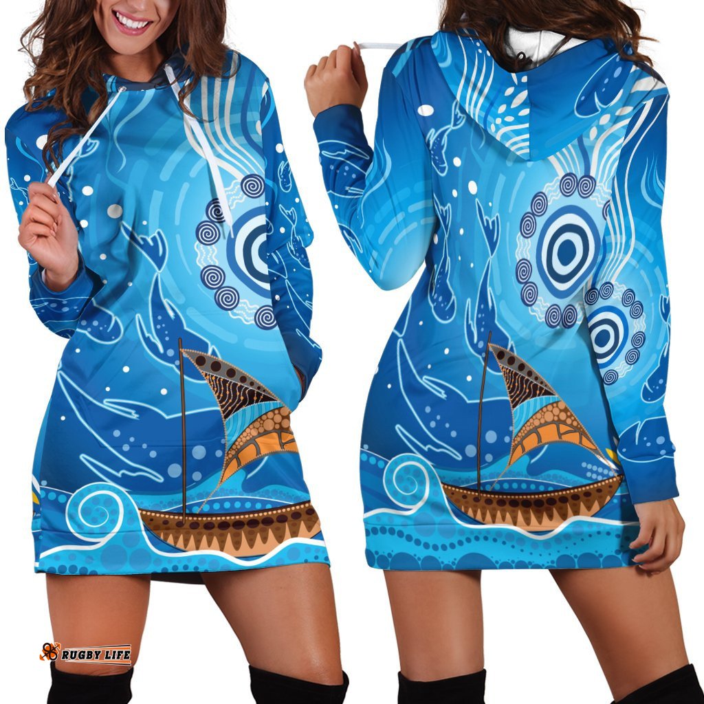 Hoodie Dress Aboriginal View Sea With Fish And Boat