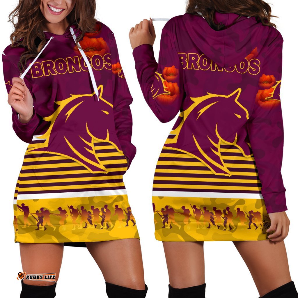 Brisbane Broncos Women's Hoodie Dress Anzac Day Simple Style Maroon
