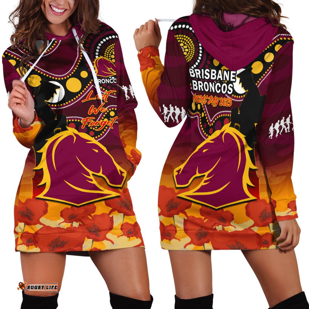 Brisbane Broncos Rugby ANZAC Hoodie Dress Aboriginal Mix Poppy Lest We Forget