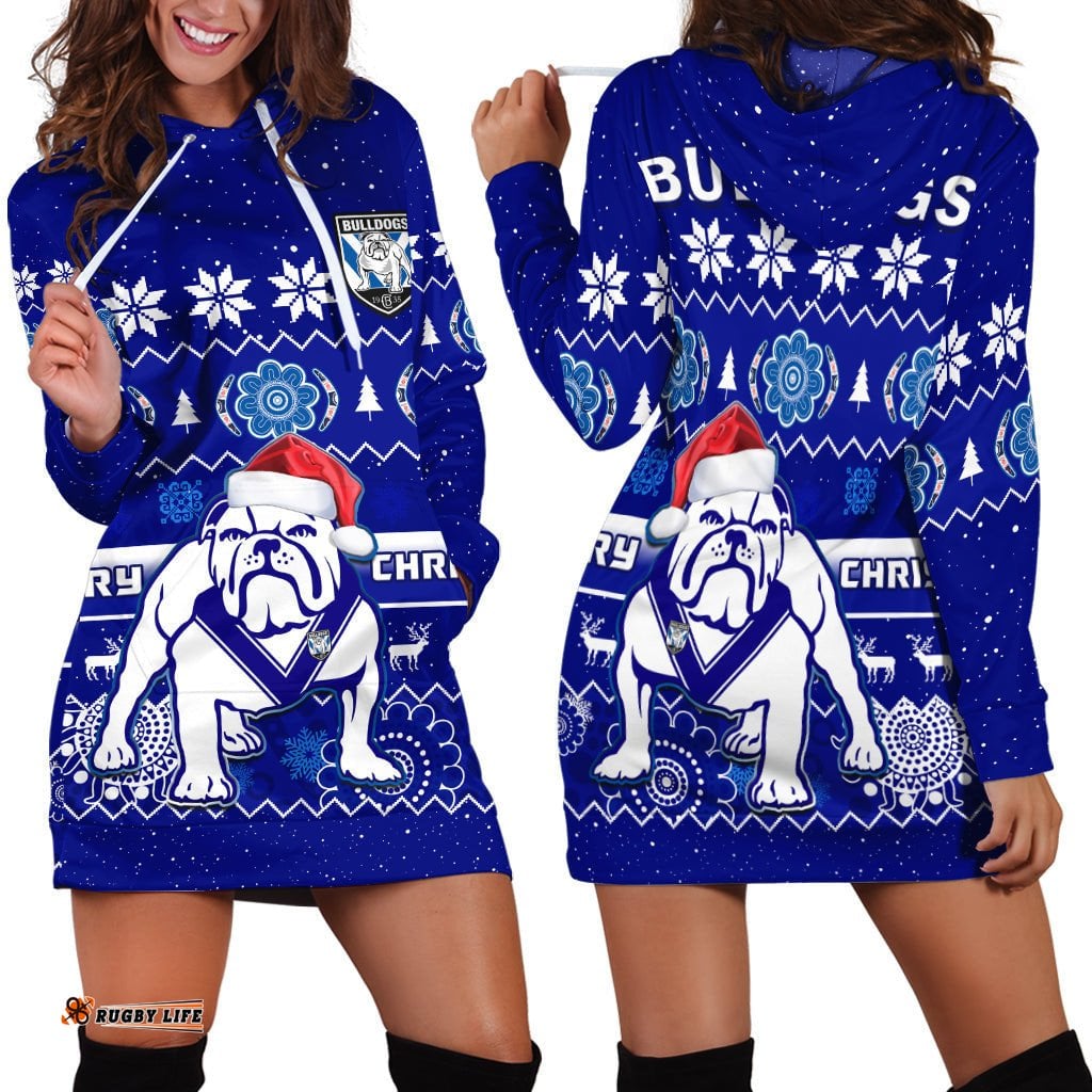Bulldogs Rugby Christmas Hoodie Dress Berries Merry Xmas Aboriginal Art