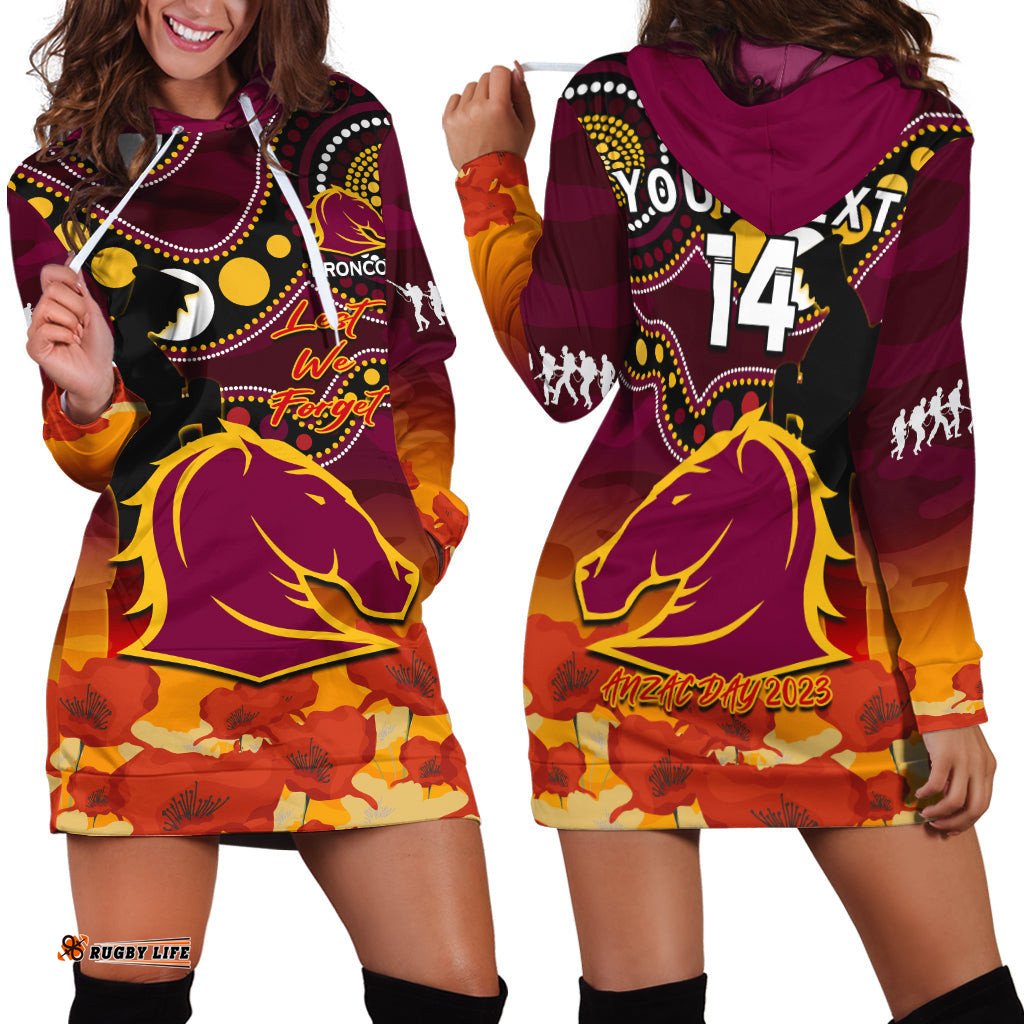 Custom Text And Number Brisbane Broncos Rugby ANZAC Hoodie Dress Aboriginal Mix Poppy Lest We Forget