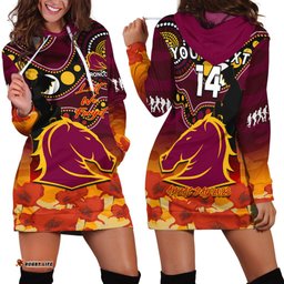 Custom Text And Number Brisbane Broncos Rugby ANZAC Hoodie Dress Aboriginal Mix Poppy Lest We Forget