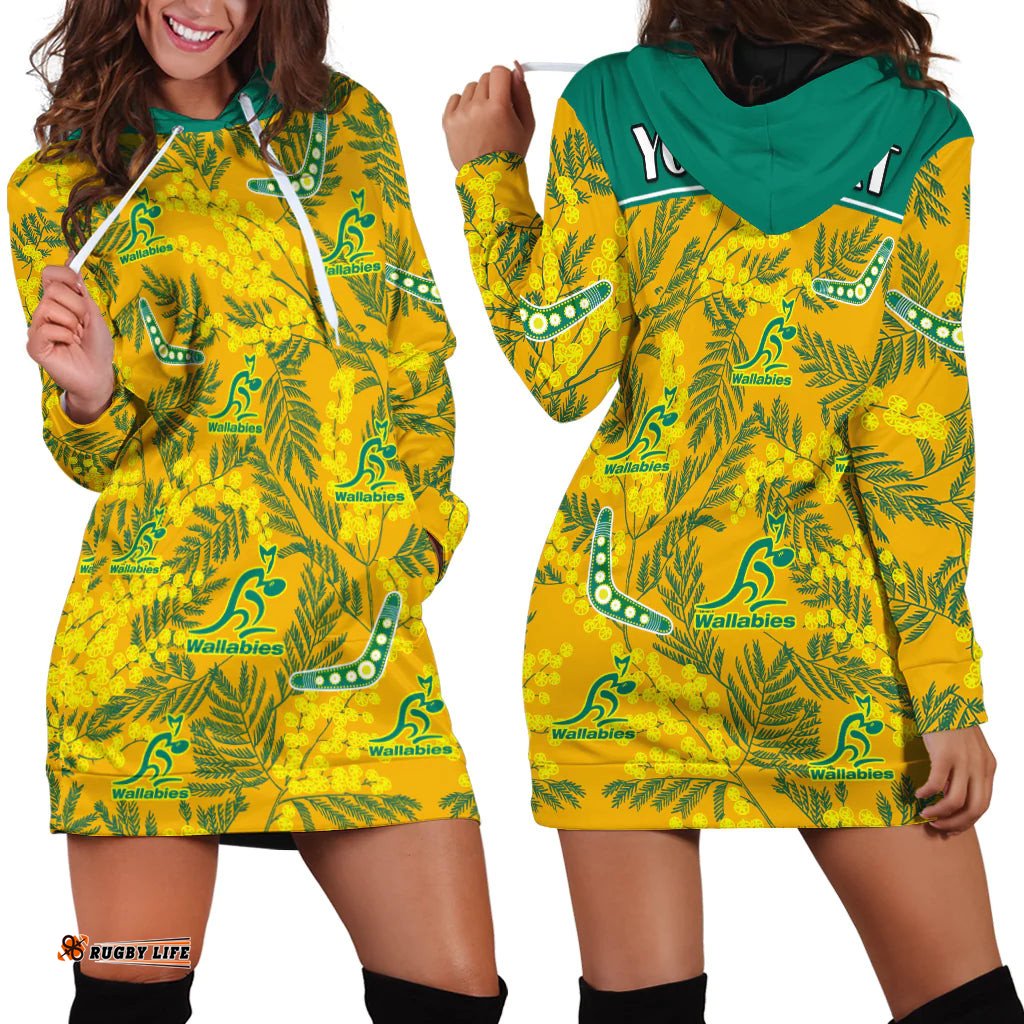 Custom Personalised Wallabies Rugby Hoodie Dress Golden Wattle Aboriginal Boomerang Style Hawaii