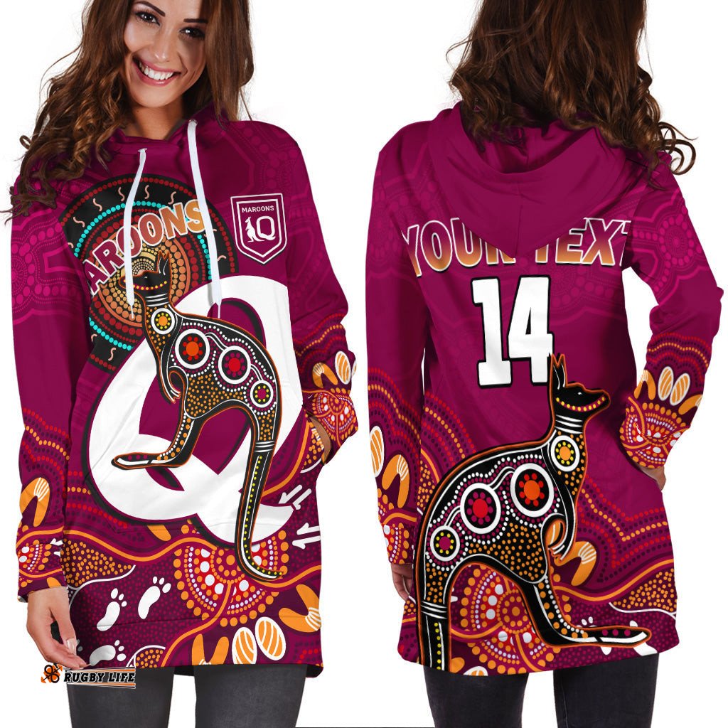 Custom Text And Number Maroons Rugby Hoodie Dress Queensland Kangaroo Aboriginal Dot Paintings