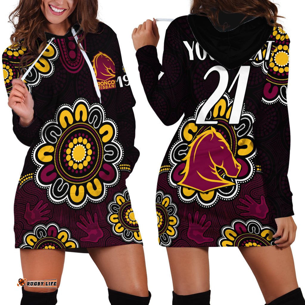 Custom Personalised NRL Brisbane Broncos Rugby 1987 Aboriginal Hoodie Dress