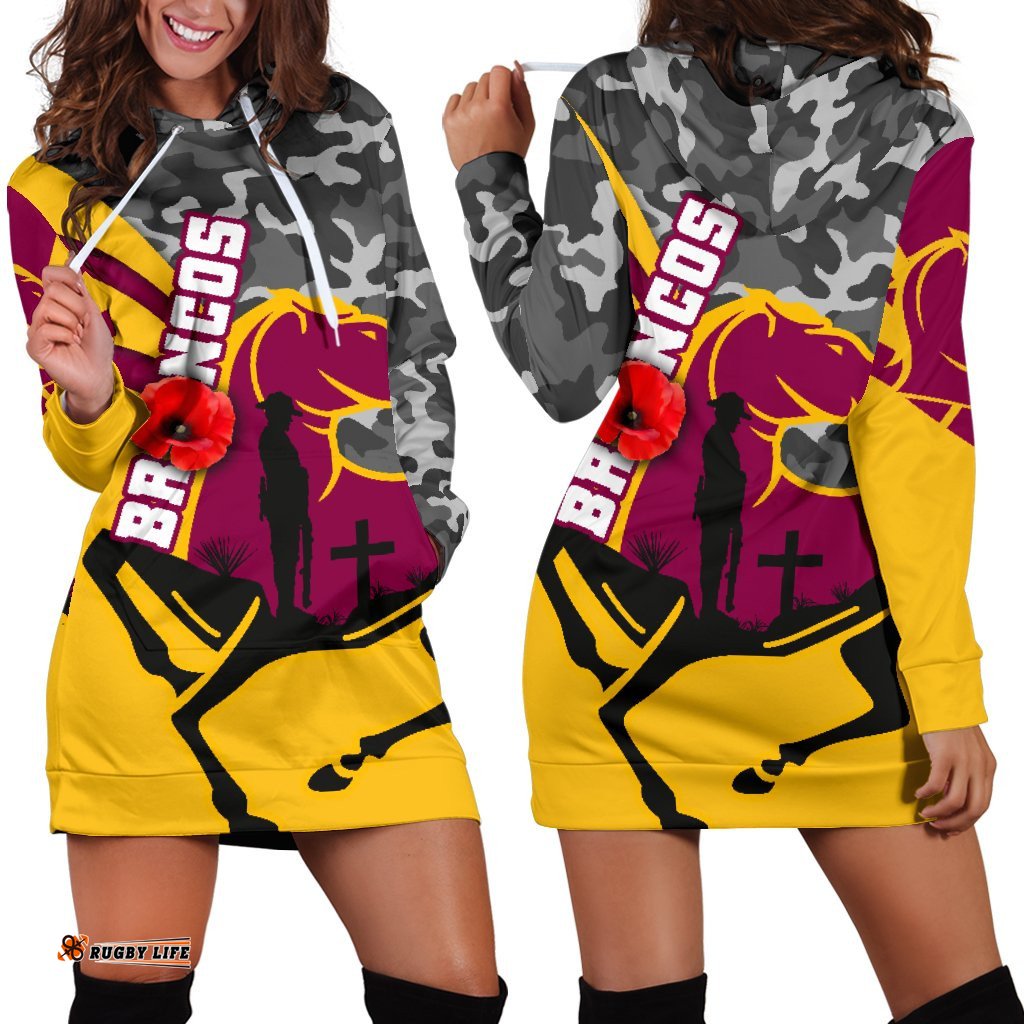 Custom Personalised Brisbane Broncos Women's Hoodie Dress Anzac Day Camo Style