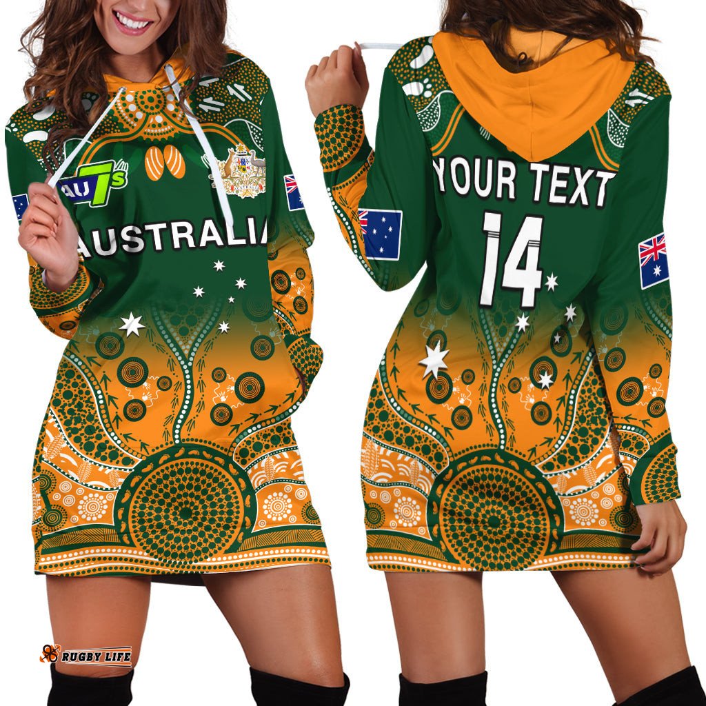 Custom Text And Number Australia Rugby Hoodie Dress Aussie Sevens Green Indigenous