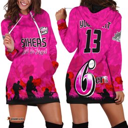 Custom Text and Number Sydney Sixers Cricket Hoodie Dress Anzac Day Camouflage Poppy Lest We Forget