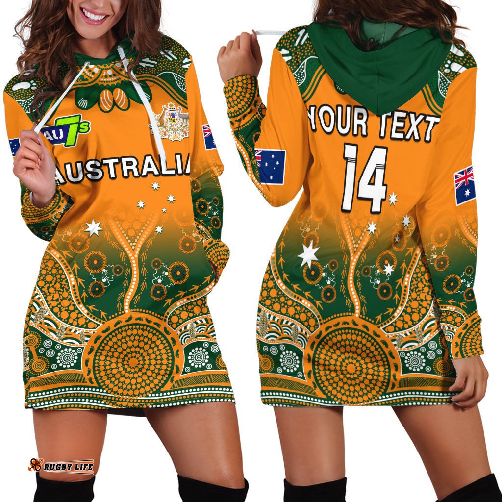 Custom Text And Number Australia Rugby Hoodie Dress Aussie Sevens Original Indigenous