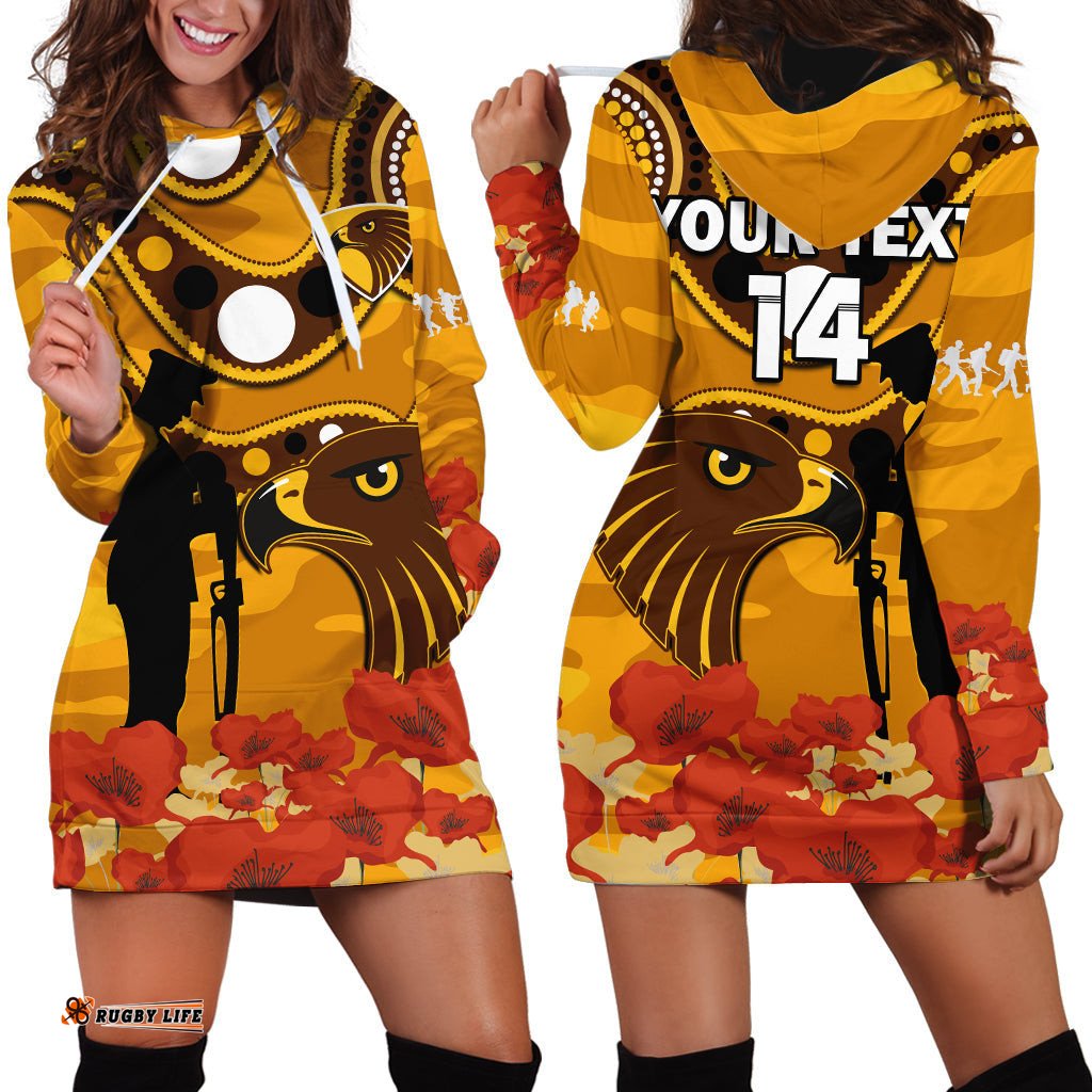 Custom Text And Number Hawks Football ANZAC Hoodie Dress Indigenous Mix Poppy Camouflage