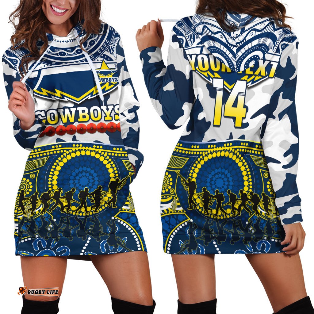 Custom Text And Number Cowboys Rugby ANZAC Hoodie Dress Indigenous Poppy Mix Camouflage