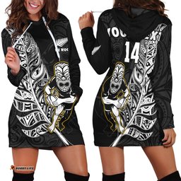Custom Text And Number New Zealand Silver Fern Rugby Hoodie Dress All Black Maori Version Black