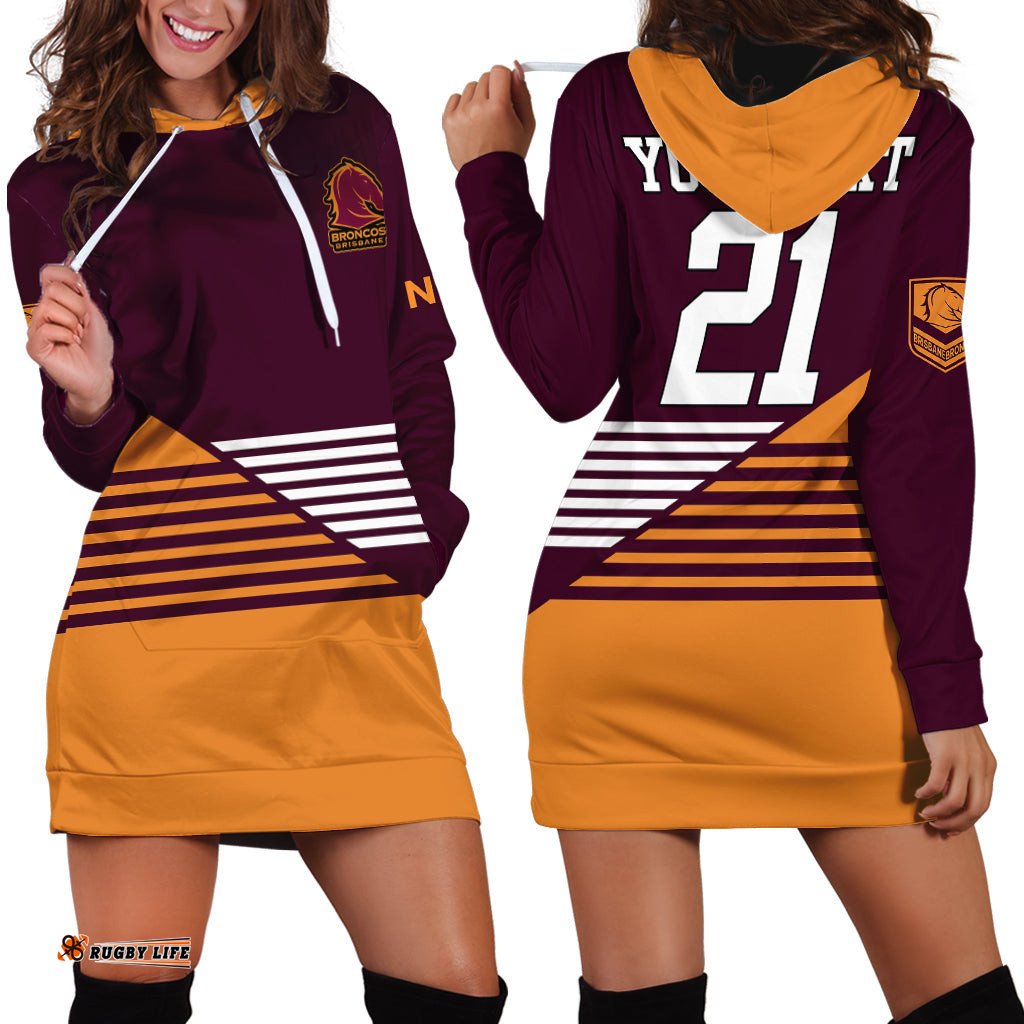 Custom Personalised Brisbane Broncos NRL Hoodie Dress