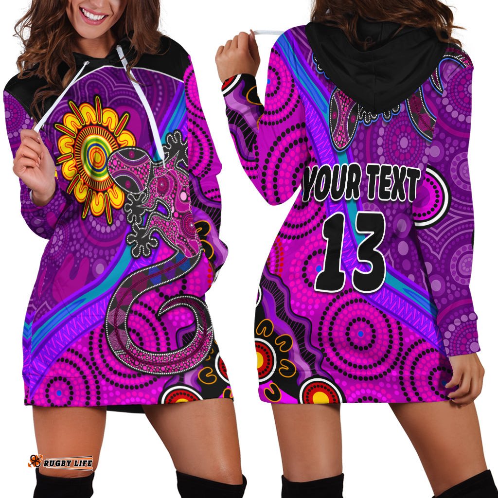 Custom Text and Number Australia Lizard and Sun Hoodie Dress Aboriginal Art Purple
