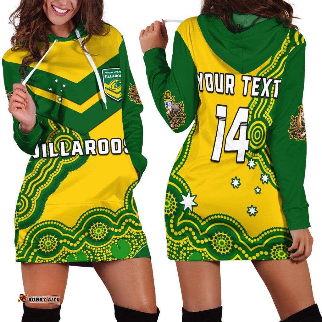 Custom Text And Number Australia Rugby Hoodie Dress Jillaroos Champions Indigenous Yellow Style