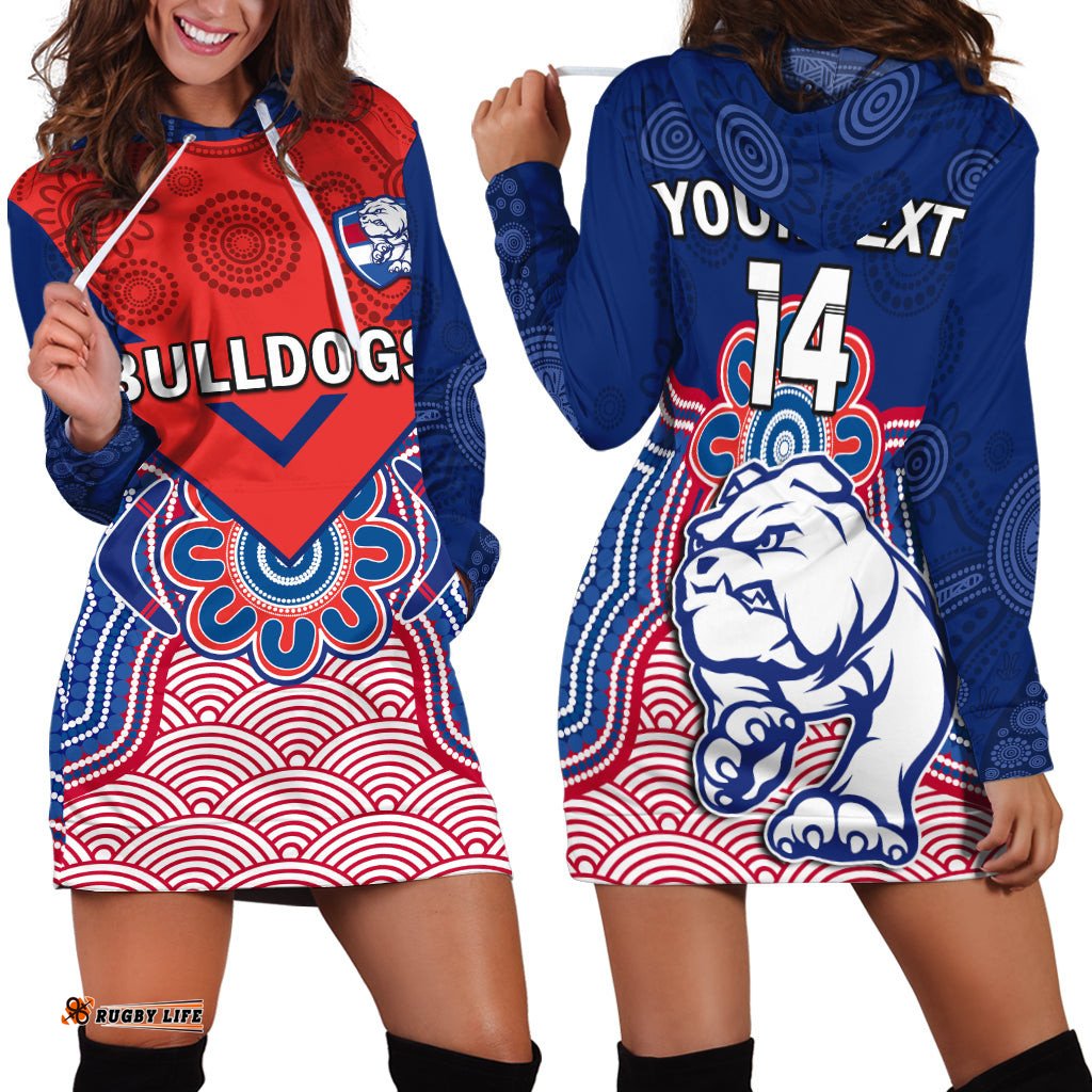 Custom Text And Number Bulldogs Football Hoodie Dress Western Doggies Aboriginal Art