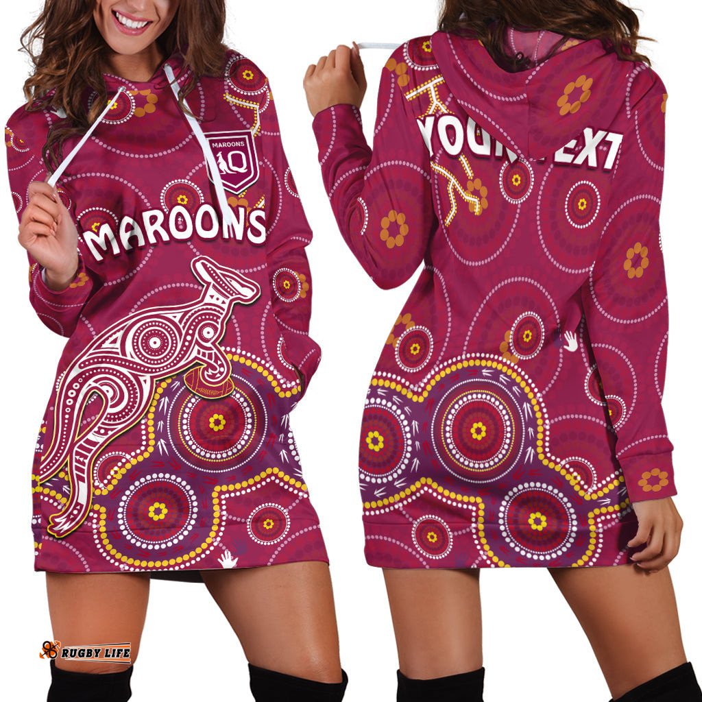 Custom Personalised Maroons Rugby Hoodie Dress Kangaroo Indigenous Pattern Unique Version