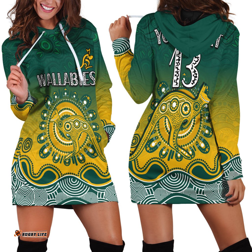 Custom Text and Number Wallabies Rugby Australia Hoodie Dress Aboriginal