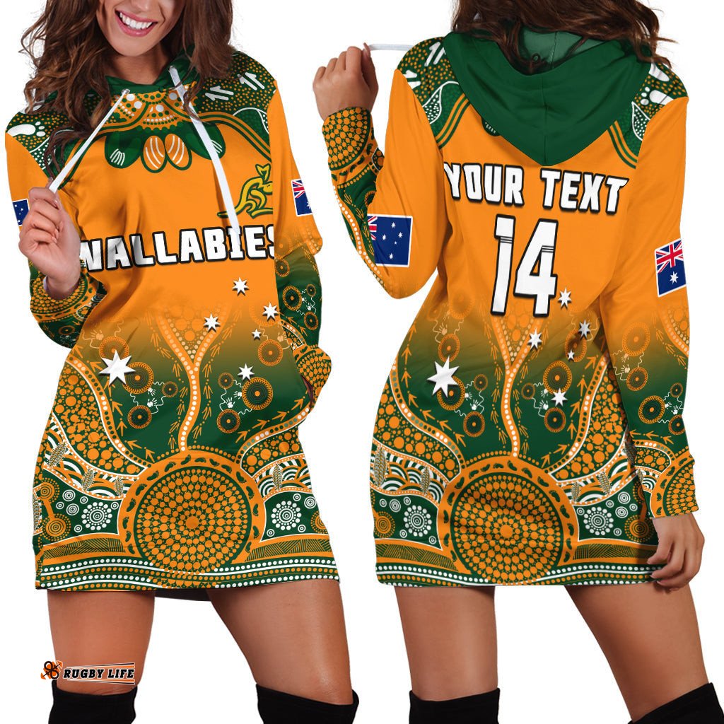 Custom Text And Number Australia Rugby Hoodie Dress Wallabies Kangaroo Orange Aboriginal