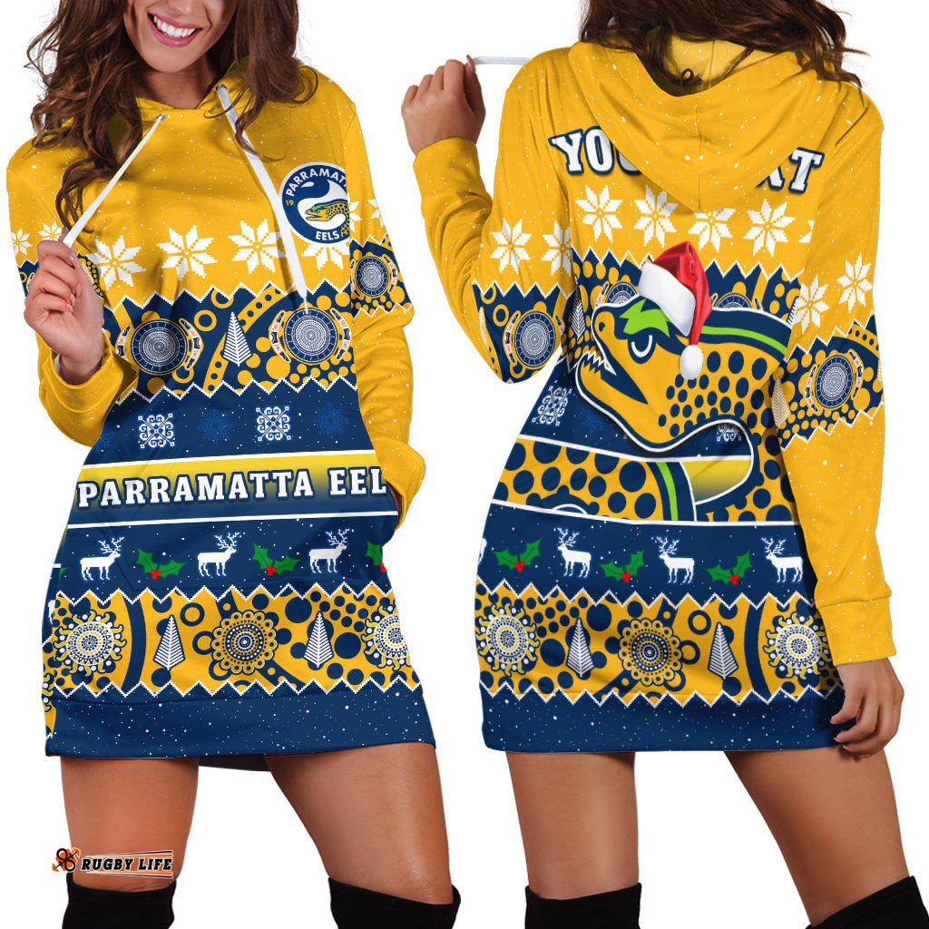 Custom Personalised Parramatta Eels Christmas Hoodie Dress Parra Aboriginal Art Merry Xmas