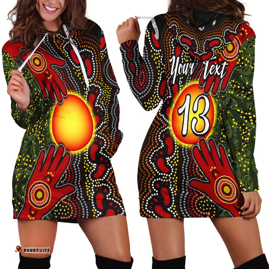 Custom Text and Number Aboriginal Dot Painting Hoodie Dress Go To Touch The Sun