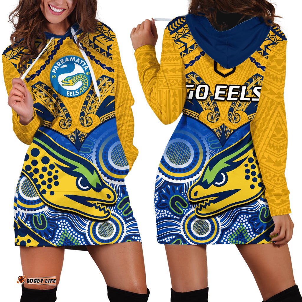Parramatta Rugby Hoodie Dress Go Eels Polynesian Mix Indigenous Art