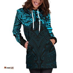 New Zealand Women'S Hoodie Dress, Maori Polynesian Tattoo Blue