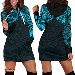 New Zealand Women'S Hoodie Dress, Maori Polynesian Tattoo Blue