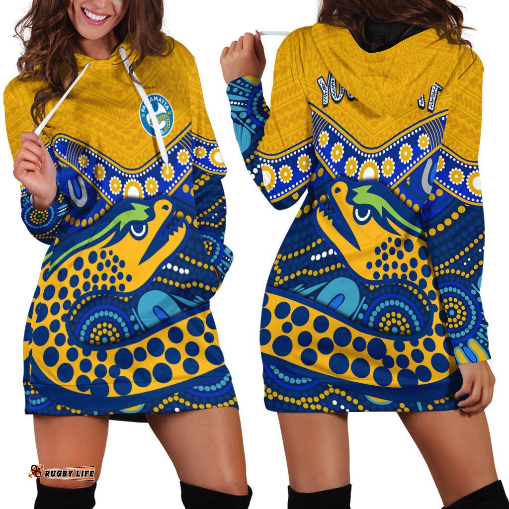 Custom Personalised Eels Rugby Hoodie Dress Aboriginal and Polynesia Parramatta