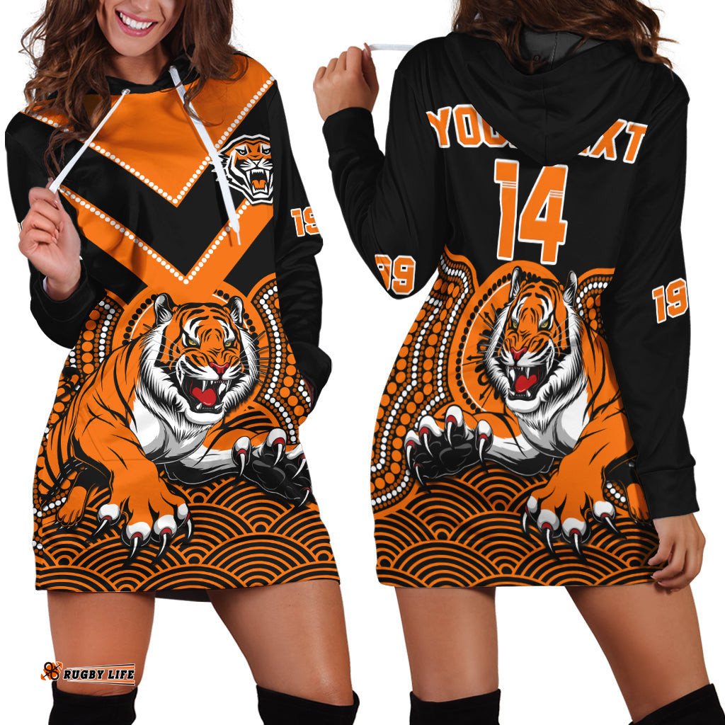 Custom Text And Number Wests Tigers Rugby Hoodie Dress Indigenous Black Artsy