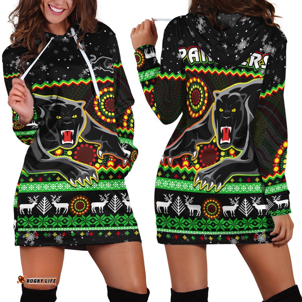 Panthers Christmas Hoodie Dress Aboriginal Pattern Penrith Black Version
