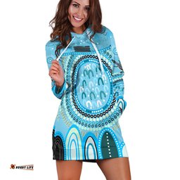 Custom Text and Number Aboriginal Stand Up Hoodie Dress Circle Dot with Lizard Version Blue