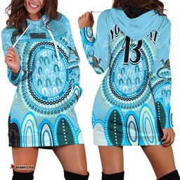 Custom Text and Number Aboriginal Stand Up Hoodie Dress Circle Dot with Lizard Version Blue