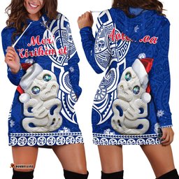 New Zealand Christmas Hoodie Dress Hei Tiki Blue Pohutukawa Meri Kirihimete