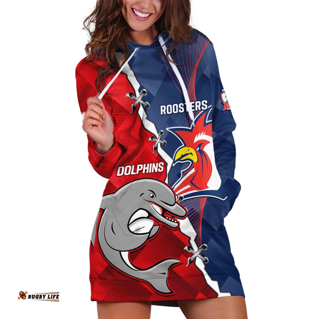 Personalised Dolphins And Roosters Rugby Hoodie Dress NRL Sporty Style
