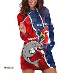Personalised Dolphins And Roosters Rugby Hoodie Dress NRL Sporty Style