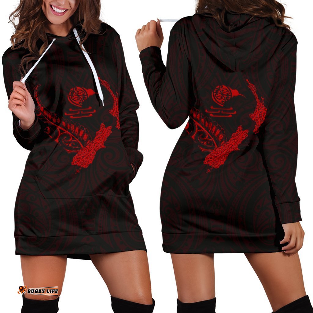 New Zealand Heart Women'S Hoodie Dress Map Kiwi Mix Silver Fern Red