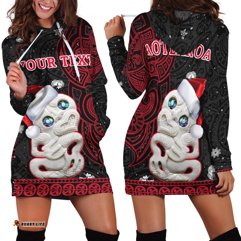 Custom Personalised New Zealand Christmas Hoodie Dress Hei Tiki Red Pohutukawa Meri Kirihimete
