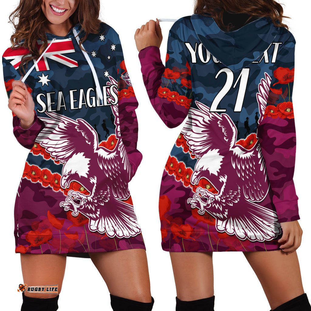 Custom Text And Number Sea Eagles Rugby ANZAC Hoodie Dress Lest We Forget