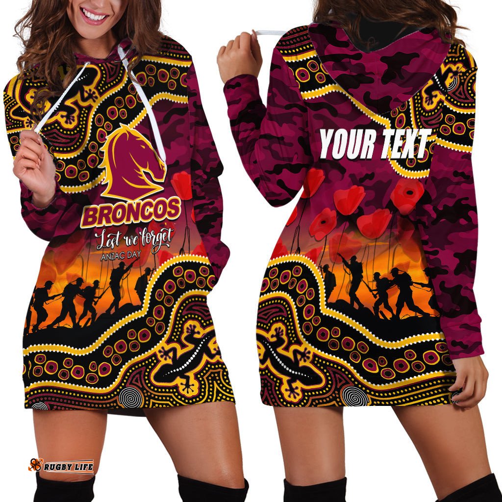 Custom Personalised Anzac Day NRL Broncos Hoodie Dress Aboriginal Lizard Patterns