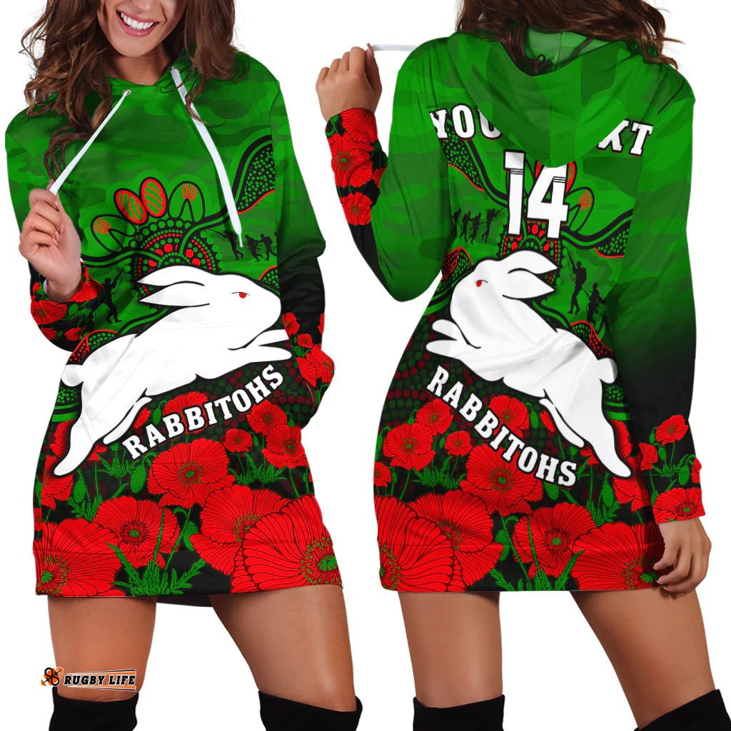 Custom Text And Number Rabbitohs Rugby ANZAC Hoodie Dress South Sydney Camouflage Poppy Aboriginal