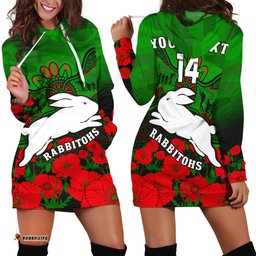 Custom Text And Number Rabbitohs Rugby ANZAC Hoodie Dress South Sydney Camouflage Poppy Aboriginal