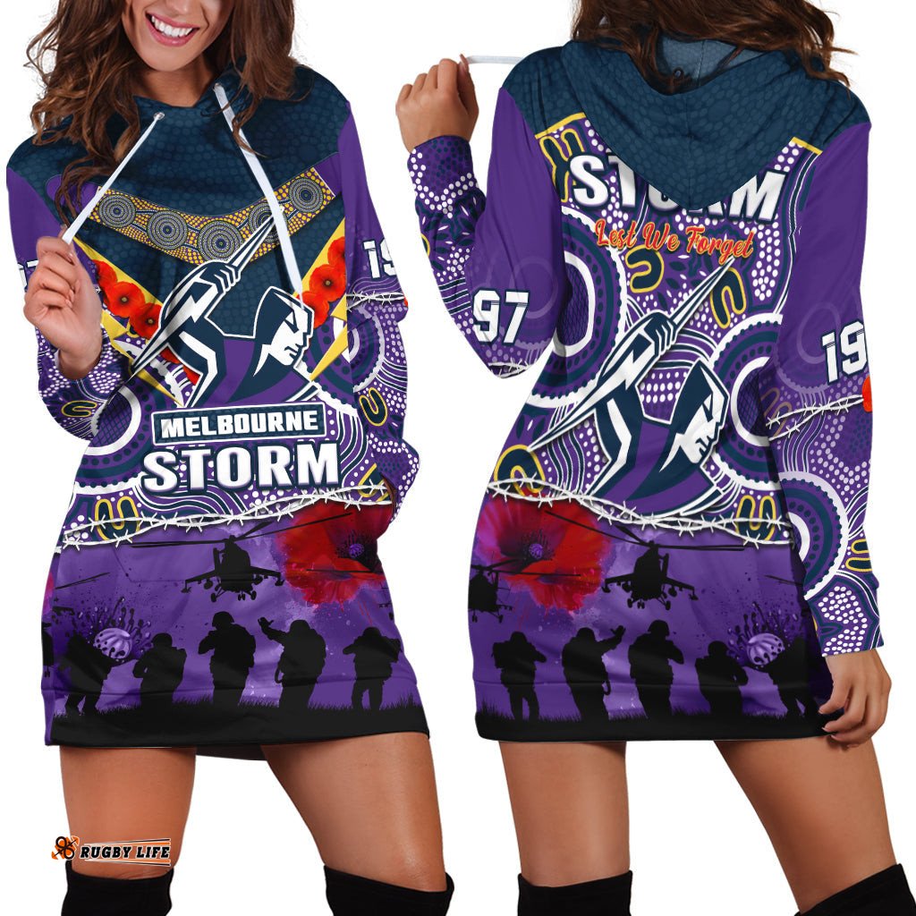 Melbourne Storm Rugby ANZAC Hoodie Dress Indigenous Poppy Australian Army
