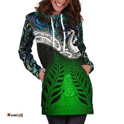 New Zealand Maori Hoodie Dress Manaia Paua Shell Glitter Green