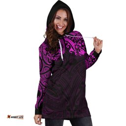 New Zealand Women'S Hoodie Dress, Maori Polynesian Tattoo Purple